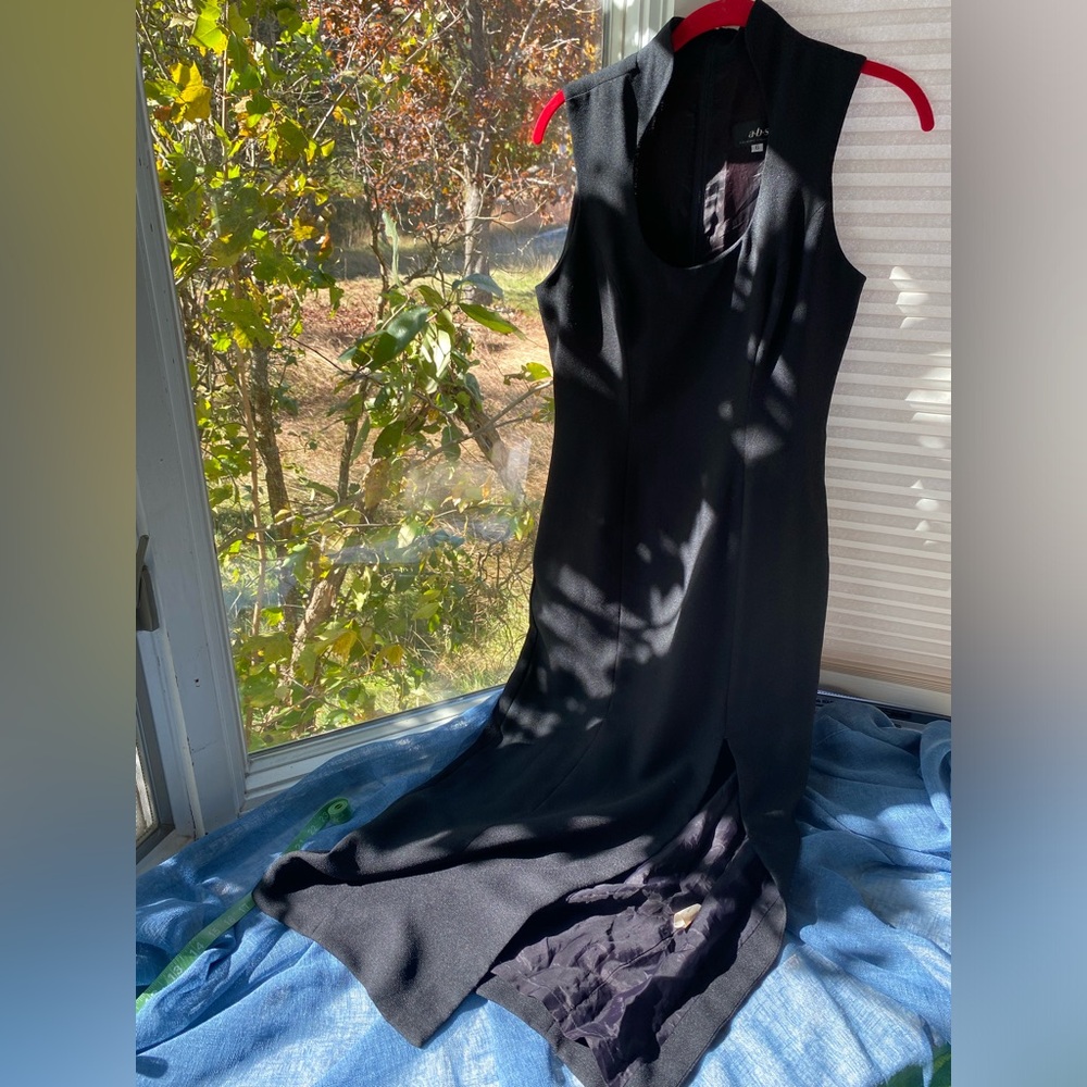 Mandarin collar black evening dress with slit
